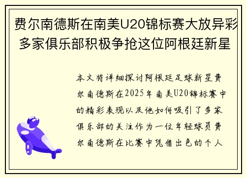 费尔南德斯在南美U20锦标赛大放异彩 多家俱乐部积极争抢这位阿根廷新星